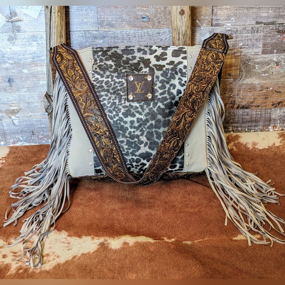 L. V. Inspired Fringed Handbag With Guitar Strap & Fringe